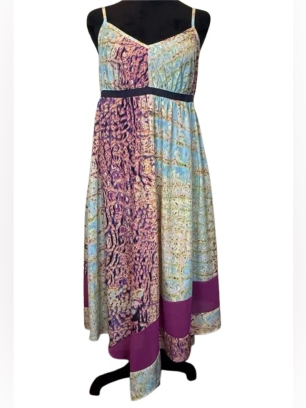 Vera Wang Sundress Sz Medium Patchwork Print Asymmetrical Hem Pockets
